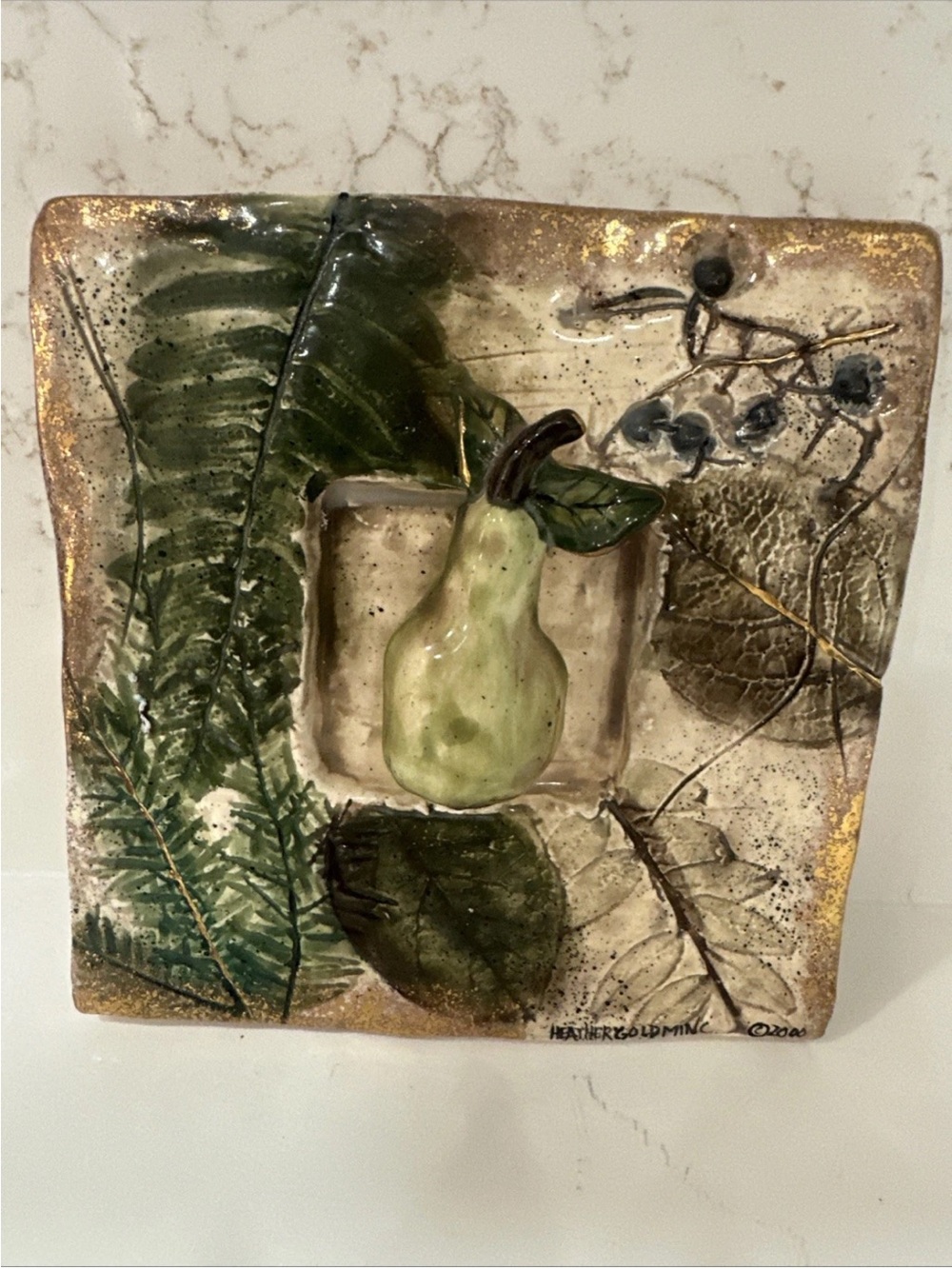 Vtg Heather Goldmic Claymore Pottery 3D Pear Ceramic Wall Plaque 6” X 6”